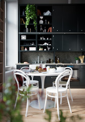 3D Rendering house indoors kitchen room no people dining table with meal served cozy modern style