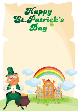 Saint Patrick’s Day background with the image of a leprechaun. Vector colorful illustration in cartoon style.