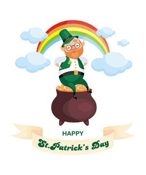 Saint Patrick’s Day poster with the image of a leprechaun. Vector colorful illustration in cartoon style.