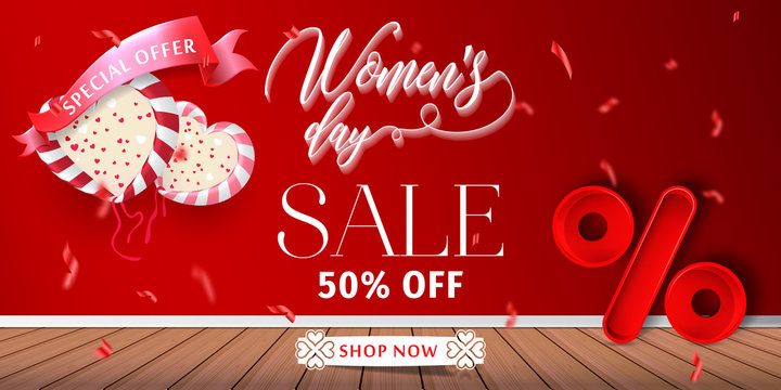 Womens day sale 50% Off banner template for social media advertising, invitation or poster design. Vector illustration. Special offer Background for women's day celebration.