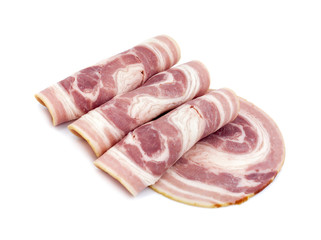 Sliced Bavarian ham sausage garnished on white background