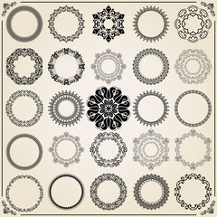 Vintage set of round elements. Different elements for decoration and design frames, cards, menus, backgrounds and monograms. Classic patterns. Set of vintage patterns