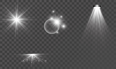 White iridescent light effect star design. Shiny transparent rays vector background. Bright transparent glowing sparkling star, abstract flare light rays.