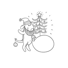 Vector black-white sketch funny cartoon puppy. Character dog on winter in a Santa Claus costume with a bag of gifts next to the Christmas tree. Illustration for design calendar, card.