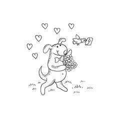 Vector black-white sketch funny cartoon puppy.The dog character goes on a date with a bouquet of flowers. The postal pigeon carries a love letter in his beak. Hearts. Illustration for design card.