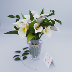 3D Rendering calla lilies in vase isolated with paper greeting card care concept
