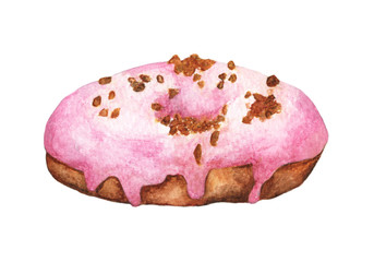 Watercolor hand drawn donut. Isolated fresh bakery illustration on white background