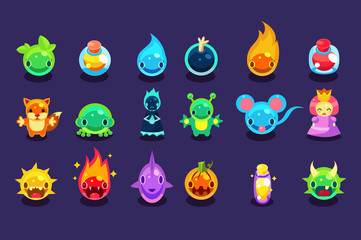 Flat vector assets for mobile game with funny creatures and objects. Aliens, fish, mouse, fox, toad, princess, bomb, potion, pumpkin, balls with eyes, mouths, horns, fire, water, spikes © topvectors