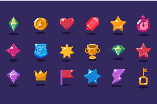 Set of items for gaming interface. Crystal, coin, heart, star, stopwatch, shield, trophy, crown, flag, lightning, key. Flat vector elements for mobile arcade and casual game