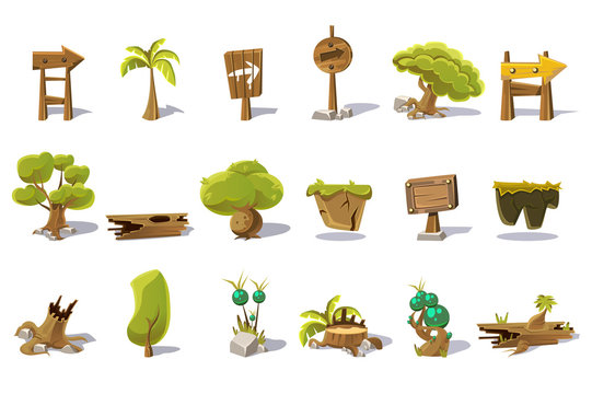 Cartoon set of flat vector nature elements for mobile or computer game. Palm, green trees, stump, old woods, pointers with arrows, plot of land, plants, stones. Gaming interface