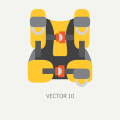 Plain flat color vector diver underwater equipment icon oxygen balloon jacket. Retro style. Ocean deep, sea beach. Summer adventure vacation. Scuba. Illustration, element for your design wallpaper.