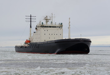 Icebreaker ship on the ice in the sea