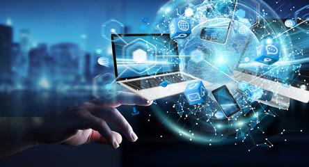 Tech devices connected to each other by businesswoman 3D rendering