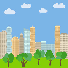 City park in the background of skyscrapers. Vector illustration
