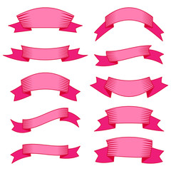 Set of ten pink ribbons and banners for web design. Great design element isolated on white background. Vector illustration.
