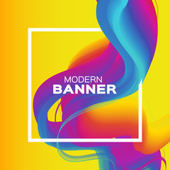 Liquid Wave Poster. Colorful Smoke Shapes with Square frame. Space for text. Abstract Colorful Dynamic Effect on yellow. Modern Template Banner. Vector