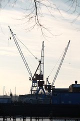Fototapeta premium Kran auf der Werft im Gegenlicht