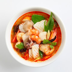 Tom Yum Goong spicy soup on white background, Thai Food