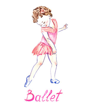 Classic  ballet dancing girl in pink dress, hand painted watercolor illustration with inscription isolated on white