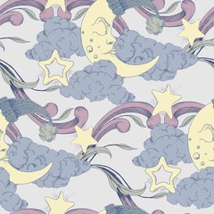 Clouds, stars and crescent vector seamless pattern night texture with moon background