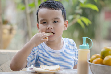 Portrait Thai boy eating bread with condensed milk and fruits on table in the morning at garden home. Breakfast is beneficial to the body and brain. He has white skin and cute face. Soft focus.