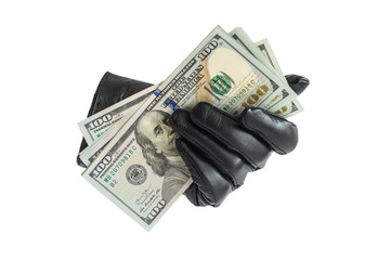 Hand in glove. Money. Isolated on white background.