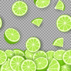 Vector illustration of falling lime fruit. Green lemon vector pattern citrus fruits whole and slice for design of food packaging breakfast, detox, cosmetics cream, jam, juice