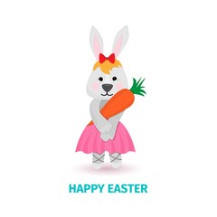Obraz premium Lovely bunny on the lawn, holding carrots in paws. Happy Easter idea. Easter bunny greeting card. Vector illustration. Rabbit charter for design of invitation, gift present