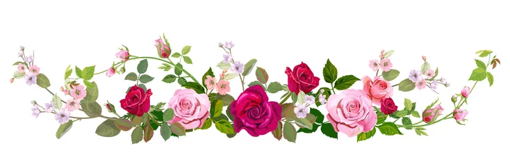 Foto op Aluminium Panoramic view: bouquet of roses, spring blossom. Horizontal border: red, mauve, pink flowers, buds, green leaves on white background. Digital draw illustration in watercolor style, vintage, vector © analgin12