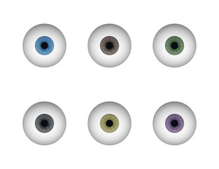 A set of eyeballs. Human eye vector illustration. Blue, brown, green, yellow, gray and purple