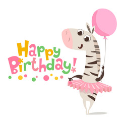 Happy birthday vector card. Baby birthday card with cute zebra