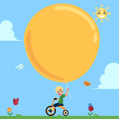 Obraz na płótnie Canvas Cute little boy riding a bicycle, cycling with big balloon in hand, cartoon vector illustration, banner template with place for text. Happy boy, child, kid riding a bike with big balloon in hand