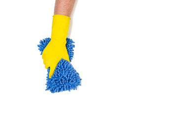 Man's or woman's isolated hand cleaning on a white background. Concept image with copy space for text or design elements. Image taken from above, top view
