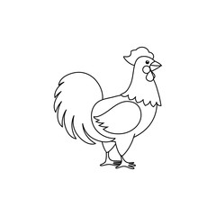 vector flat hand drawn chicken, monochrome rooster, cock with red crest. Isolated illustration on a white background. Farm poultry object forcoloring book for children design.