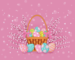 vector easter holiday poster, banner background template with spring festive elements - decorated eggs in wicker basket, easter pussy willow twigs for your design. Illustration on pink background.