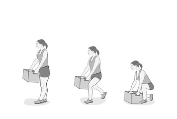 the woman correctly lifts the box. vector illustration.