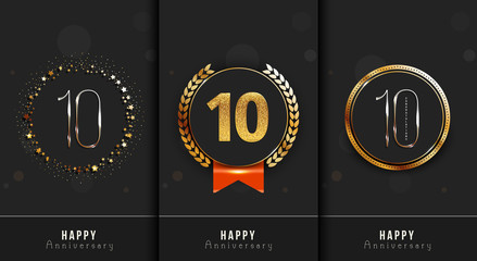 Ten years anniversary invitation / greeting cards template. Vector illustration with black and gold elements.