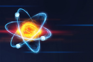Atomic structure. Futuristic concept on the topic of nanotechnology in science. The nucleus of an atom surrounded by electrons on a technological background - obrazy, fototapety, plakaty