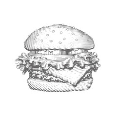 Hamburger. Fast food. Engraving vintage style. Classic