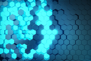 Fototapeta premium 3D illustration Abstract blue of futuristic surface hexagon pattern with light rays. Blue tint hexagonal background.