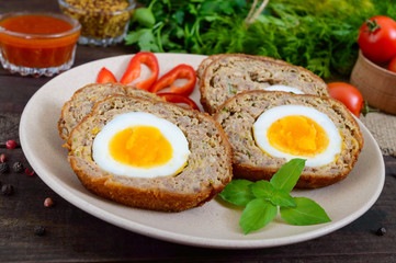 Meat cutlet with boiled egg, pieces on a ceramic plate on a dark wooden background. Mini meat rolls. Scottish cutlet.