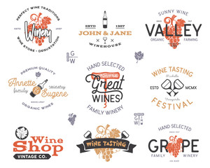 Wine logos, labels set. Winery, wine shop, vineyards badges collection. Retro colors. Typographic hand drawn design illustration. Stock vector emblems and icons isolated on white background