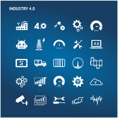 Industry 4.0 , Industrial internet of things technology trend concept. White icons set of sensor of smart factory , monitoring , process control and augmented reality on blue background.
