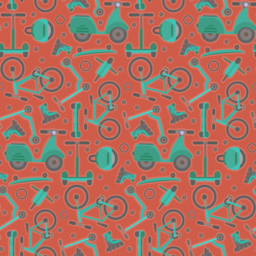 Terracotta Seamless Pattern With Contrast Aquamarine Teenager Bikes And Scooters On Red Background. Cartoon Blue And Green Youth City Transport Texture For Textile, Wrapping Paper, Package