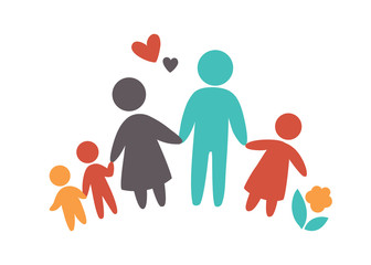 Happy family icon multicolored in simple figures. Three children, dad and mom stand together. Vector can be used as logotype