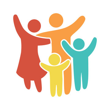 Happy family icon multicolored in simple figures. Two children, dad and mom stand together. Vector can be used as logotype