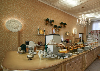 stylish bar at the wedding with cakes with coffee dishes glasses