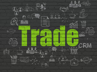 Business concept: Painted green text Trade on Black Brick wall background with Scheme Of Hand Drawn Business Icons