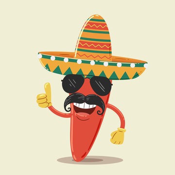 Mexican Chili Pepper Character with Sunglasses and Sombrero
