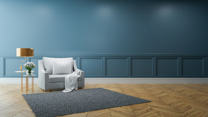 luxury modern room interior,gray sofa with gold lamp  on dark blue wall and wood floor  /3d render